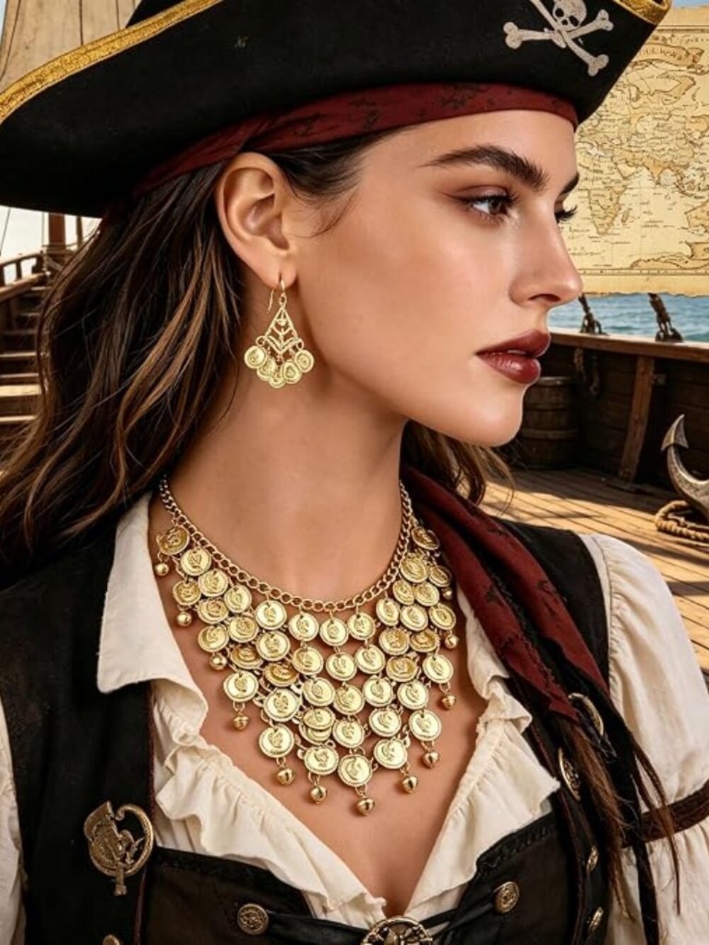 Women Adjustable Bohemia Gold Coin Tassel Choker Necklace Earrings - Picture 5 of 5